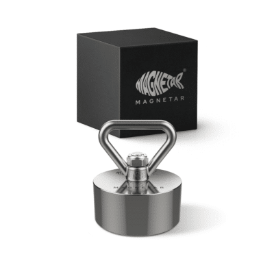 Easy fishing magnet with eye bolt and protective housing, product photo for magnet fishing and underwater metal recovery equipment