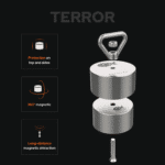 USP graphic for Terror fishing magnet with exploded view, 360-degree magnetic attraction, top and side protection, and long-distance magnetic pull strength for magnet fishing
