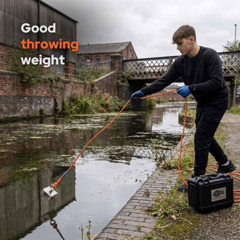 Lifestyle image of Cube 360° fishing magnet in use along a canal, showing balanced throwing weight for accurate magnet fishing.