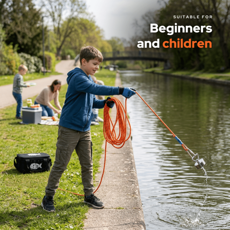 Lifestyle image of a child magnet fishing by a canal with a Easy 360° fishing magnet and rope, beginner-friendly set for kids and families outdoors