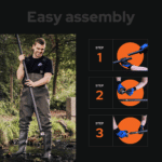 USP graphic showing easy assembly of a magnet fishing pole, with step-by-step setup instructions and outdoor recovery use in shallow water