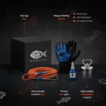 Magnet fishing kids kit with Easy neodymium magnet, 6 mm double braided rope, waterproof gloves, thread lock glue and storage box, USP graphic showing included accessories