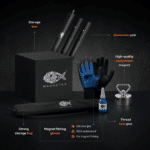 Magnet fishing kit with aluminium retrieval pole, Easy neodymium magnet, waterproof gloves, thread lock glue, storage bag and storage box, USP graphic showing included accessories