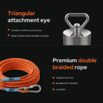 USP graphic showing an Easy magnet with triangular attachment eye and premium double braided rope for magnet fishing, with durable low-stretch design and stainless steel hardware