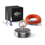 Product photo of a Classic 200 magnet fishing kit with single-sided magnet, orange rope, grappling hook, threadlocker and storage box.
