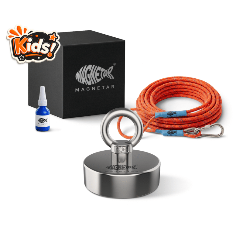 Kids magnet fishing kit with Classic 110 magnet, orange rope, thread lock glue and storage box