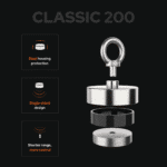 USP graphic of the Classic 200 single-sided fishing magnet with steel housing protection and controlled magnetic range.