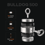 Magnetar Bulldog 500 double-sided fishing magnet exploded view graphic showing steel housing protection for outdoor treasure hunting