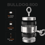 Exploded view graphic of Magnetar Bulldog 800 double-sided fishing magnet with protective steel casing for outdoor treasure hunting