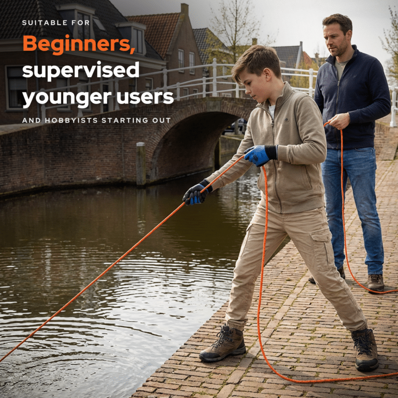 Lifestyle image of a young beginner magnet fishing with adult supervision beside a canal using an orange rope.