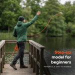Lifestyle image of a beginner magnet fisher casting a single-sided fishing magnet from a wooden dock