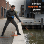 Magnetar single-sided fishing magnet lifestyle image of a man pulling an orange rope along a canal for magnet fishing.