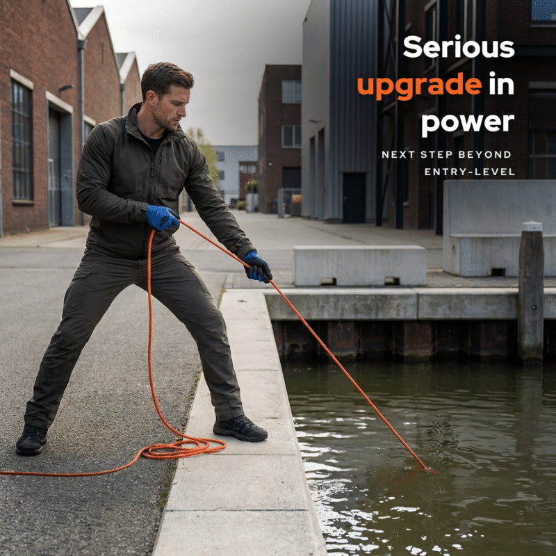 Magnetar single-sided fishing magnet lifestyle image of a man pulling an orange rope along a canal for magnet fishing.