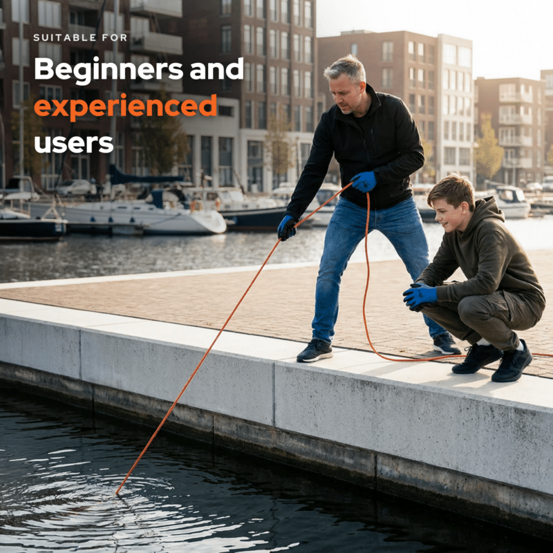 Magnetar double-sided fishing magnet lifestyle image with father and son magnet fishing outdoors from a dock