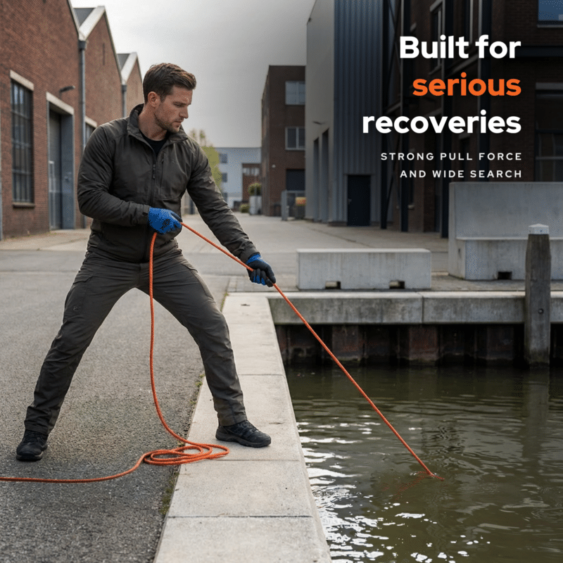 Man pulling orange rope attached to Magnetar fishing magnet out of canal water for outdoor treasure hunting recovery