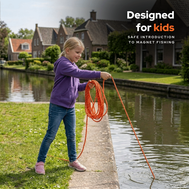 Child magnet fishing by a canal with orange rope, designed as a safe introduction to magnet fishing