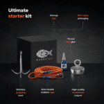 USP graphic of a Classic 200 magnet fishing starter kit with neodymium magnet, 6 mm rope, grappling hook, threadlocker and storage box.