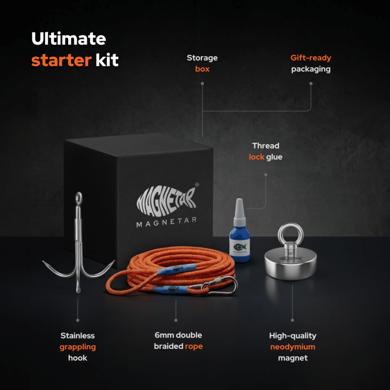 USP graphic of a Classic 200 magnet fishing starter kit with neodymium magnet, 6 mm rope, grappling hook, threadlocker and storage box.