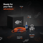 Beginner magnet fishing kit with neodymium magnet, 6 mm braided rope, thread lock glue and storage box