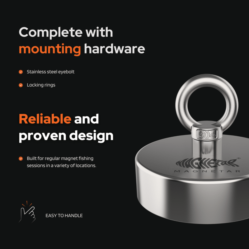 USP graphic of a single-sided fishing magnet with stainless steel eyebolt, locking rings and easy handling