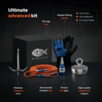 Advanced magnet fishing kit with Classic 400 magnet, rope, grappling hook, waterproof gloves and thread lock glue.
