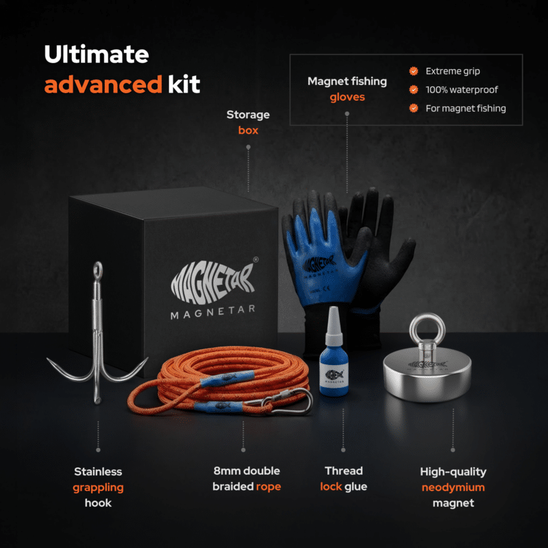 Advanced magnet fishing kit with Classic 400 magnet, rope, grappling hook, waterproof gloves and thread lock glue.