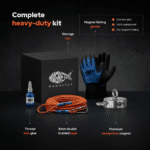 Magnetar heavy-duty magnet fishing kit graphic with double-sided magnet, rope, gloves, thread locker, and box