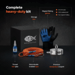 Magnetar heavy-duty magnet fishing kit graphic showing neodymium magnet, rope, gloves, threadlocker, and box for outdoor recovery