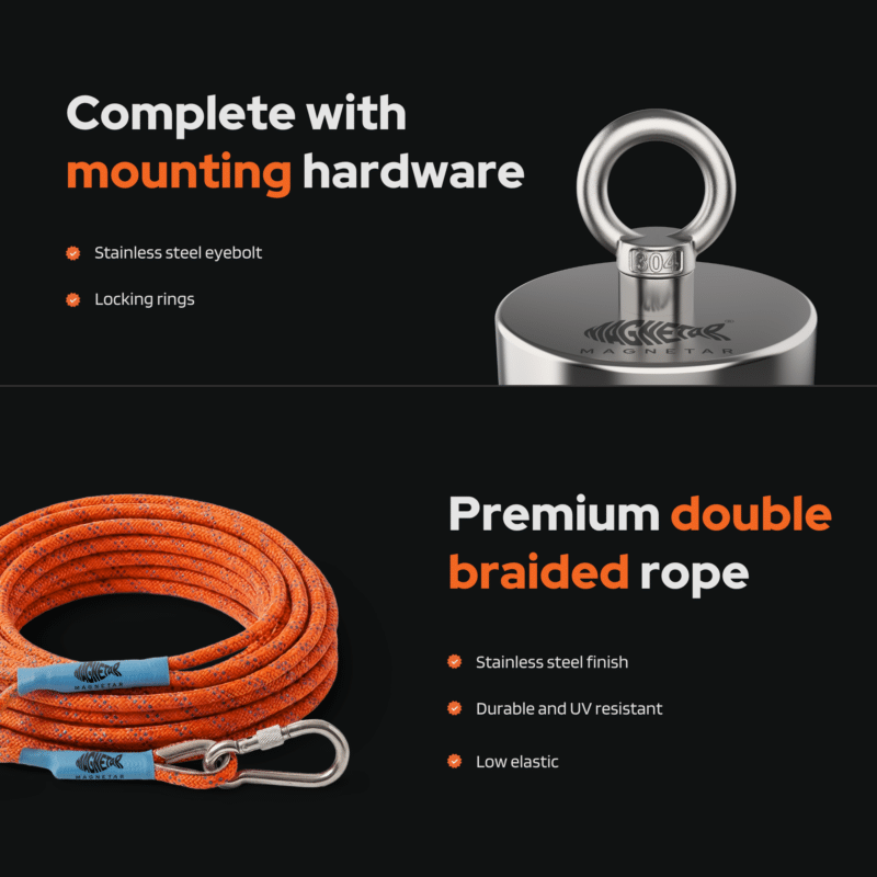 USP graphic of a Classic fishing magnet with stainless steel mounting hardware and durable double braided rope.