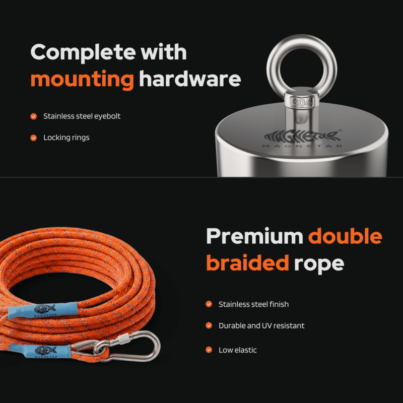 USP graphic showing Magnetar fishing magnet mounting hardware with stainless steel eyebolt and orange double braided rope for outdoor magnet fishing.