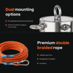 Magnetar double-sided fishing magnet USP graphic with dual eyebolts and orange double braided rope for outdoor recovery