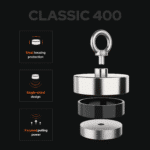 Classic 400 single-sided fishing magnet with steel housing protection and focused pulling power.